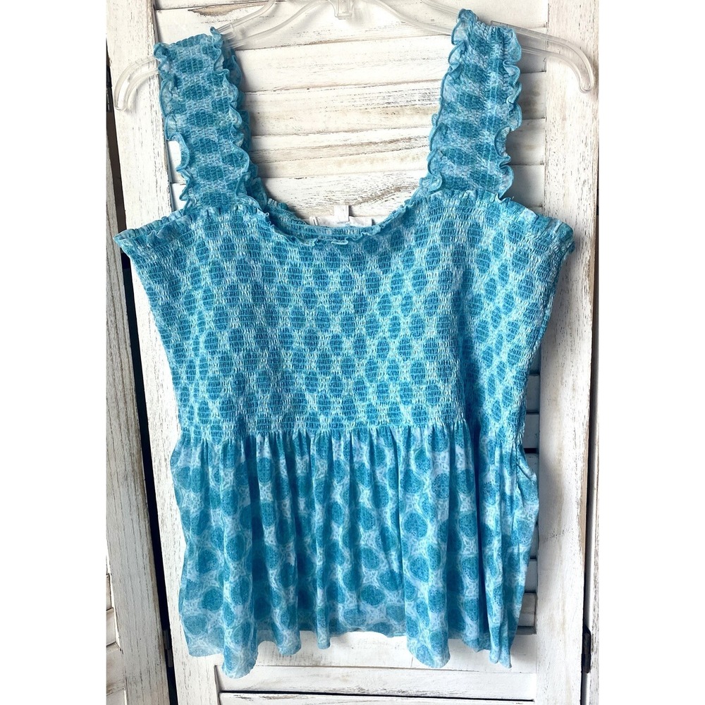 Meah Smocked Cropped Tank  Jane + Delancey  Sz L Blue Ruffled strap Flowy Vacay
